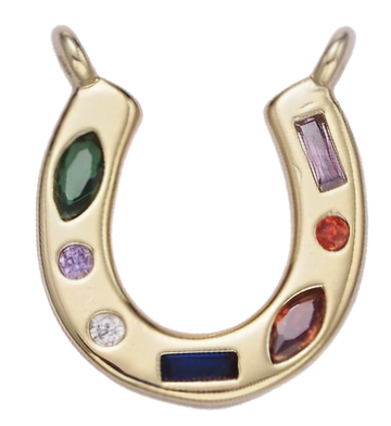 Gold horseshoe charm with colorful stones on it