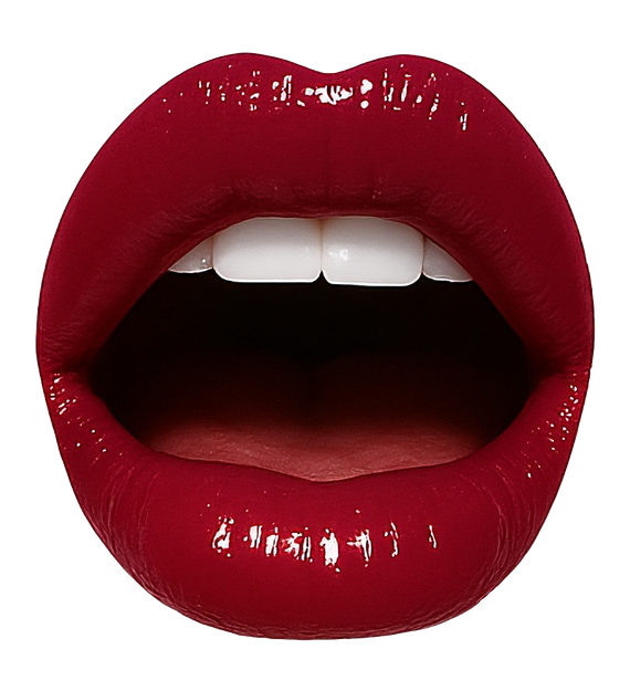 Cutout image of an open mouth with glossy red lips
