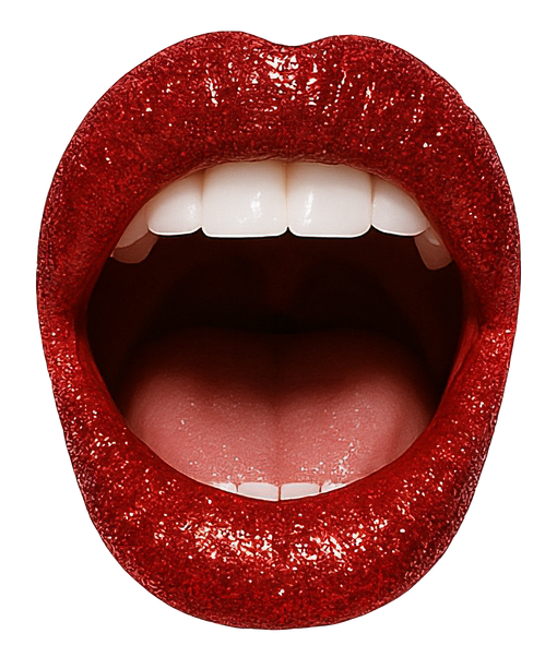 Cutout image of an open mouth with sparkly red lips