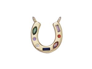 Gold horseshoe charm with colorful stones on it