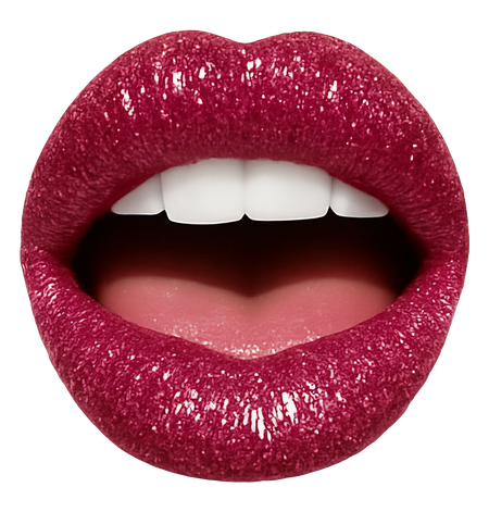 Cutout image of an open mouth with sparkly pink lips